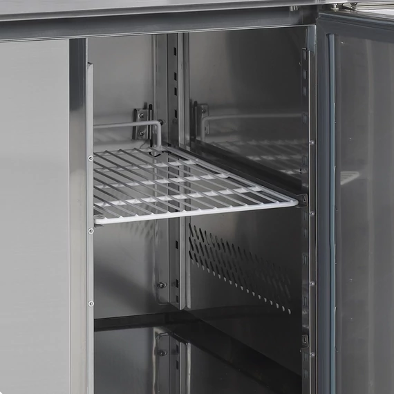 Hűtött munkaasztal – 2 ajtós, oldalsó kompresszor – rozsdamentes (inox)