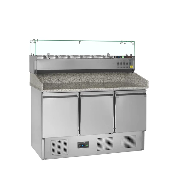 Pizzaelőkészítő hűtött munkaasztal, feltéthűtővel – 368 L – 3 ajtós