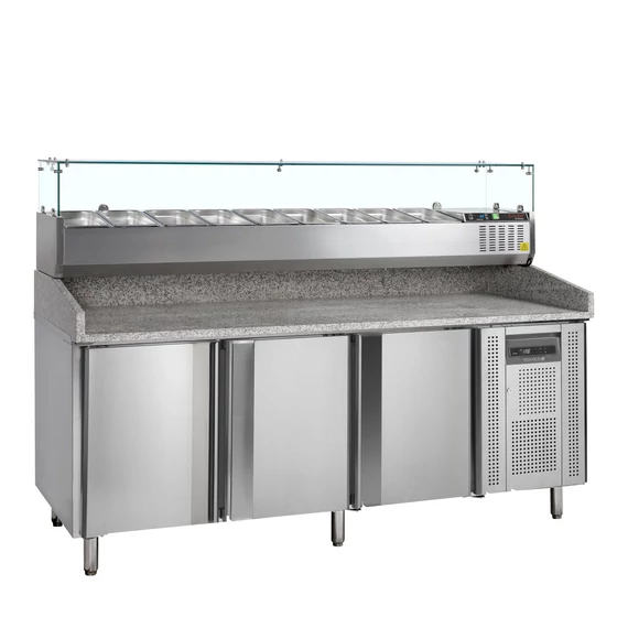 Pizzaelőkészítő hűtött munkaasztal, feltéthűtővel – 565 L – 3 ajtós