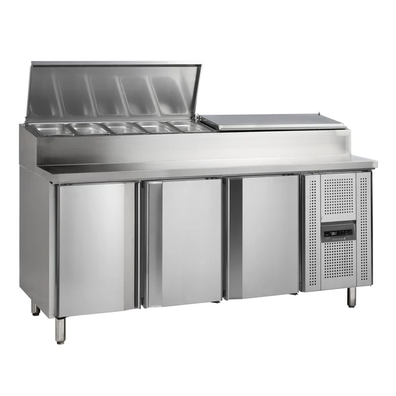 Rozsdamentes hűtött munkaasztal, beépített feltéthűtővel - 3 ajtós