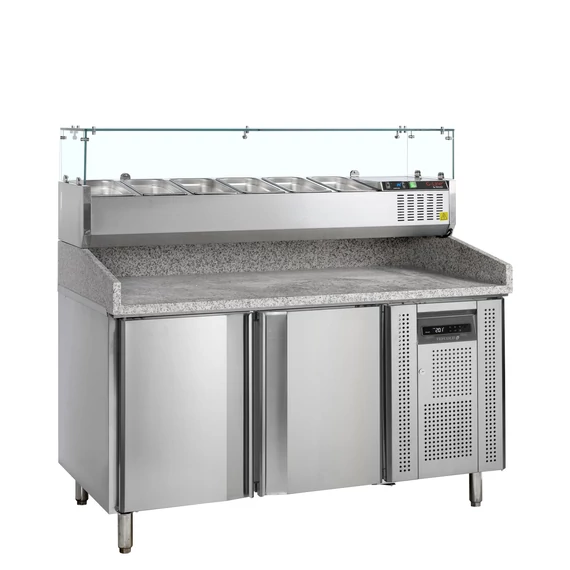 Pizzaelőkészítő hűtött munkaasztal, feltéthűtővel – 370 L – 3 ajtós