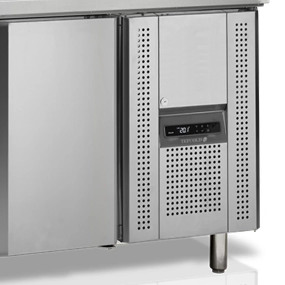 Rozsdamentes hűtött munkaasztal, beépített feltéthűtővel - 2 ajtós